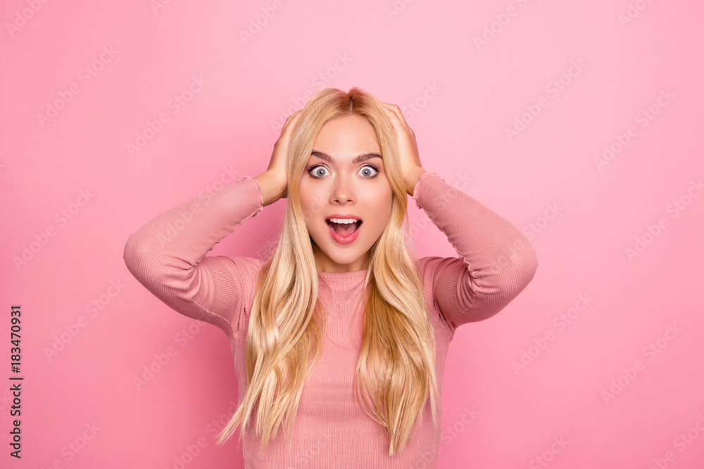 Concept of sales on Black Friday and consumerism! Close up portrait of happy cheerful excited surprised woman wearing pink blouse, she is standing against pink background with open mouth Concept of sales on Black Friday and consumerism! Close up portrait of happy cheerful excited surprised woman wearing pink blouse, she is standing against pink background with open mouth