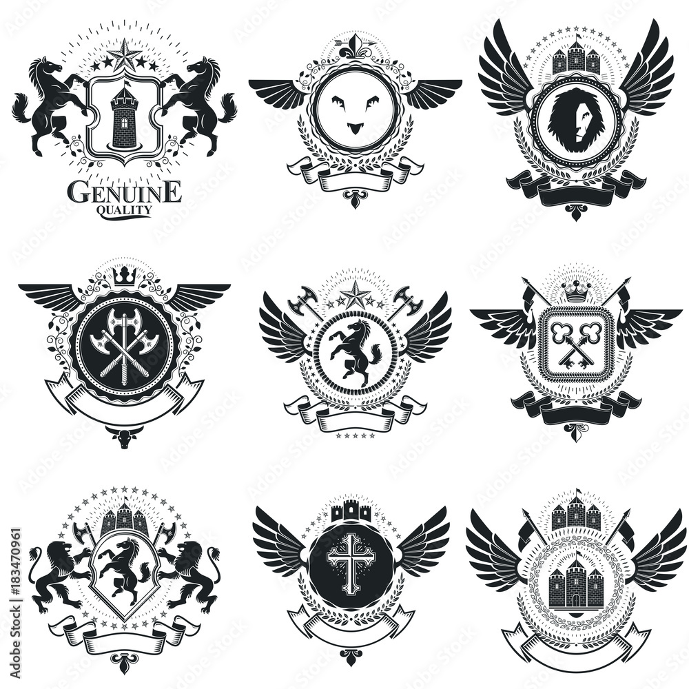 Vintage award designs, vintage heraldic Coat of Arms. Vector emblems. Vintage design elements collection.