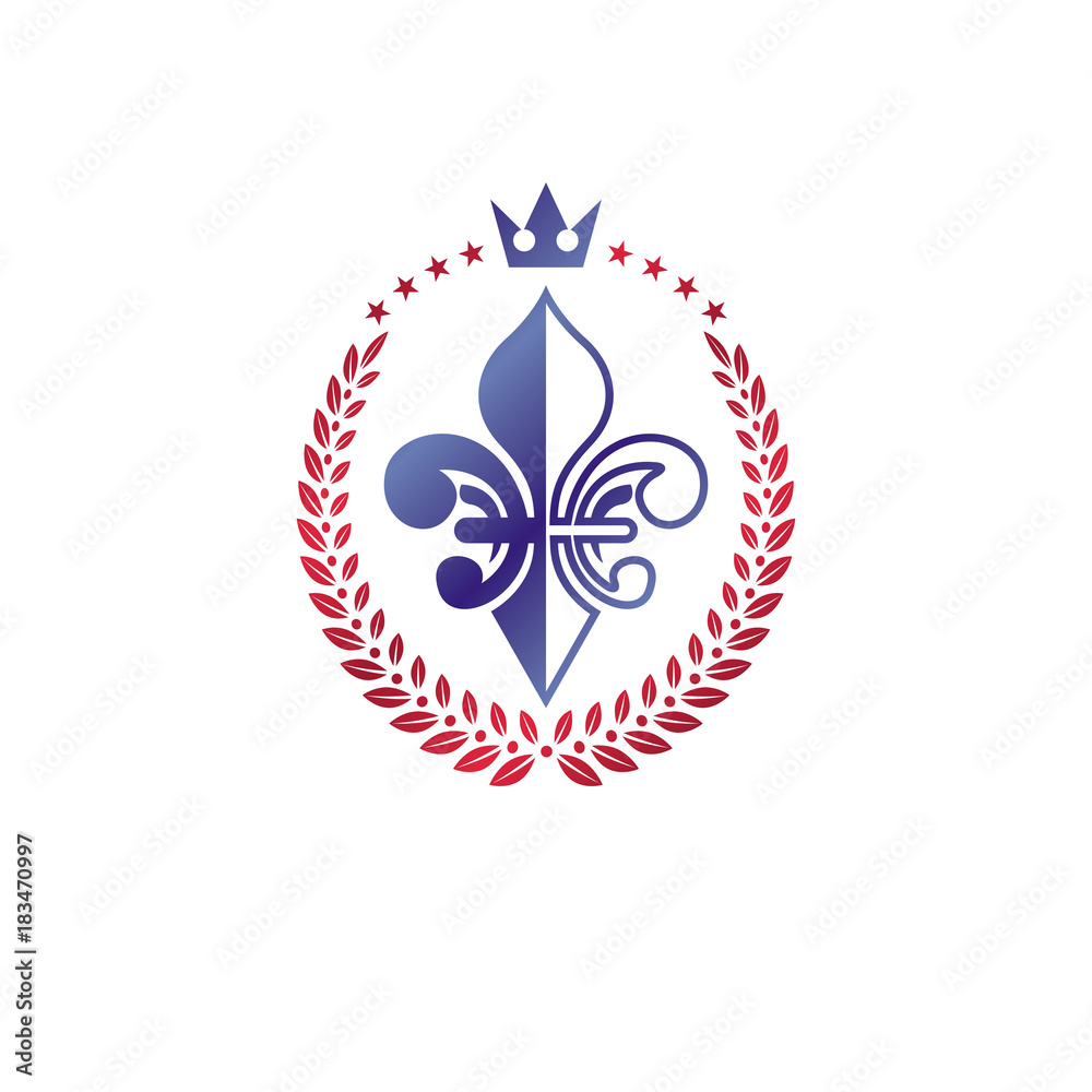 Royal symbol Lily Flower graphic emblem composed with king crown. Heraldic vector design element. Retro style label, heraldry logo. Royal symbol Lily Flower graphic emblem composed with king crown. Heraldic vector design element. Retro style label, heraldry logo.