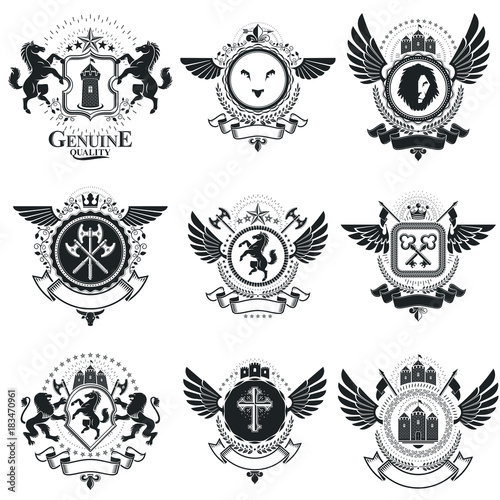 Vintage award designs, vintage heraldic Coat of Arms. Vector emblems. Vintage design elements collection.