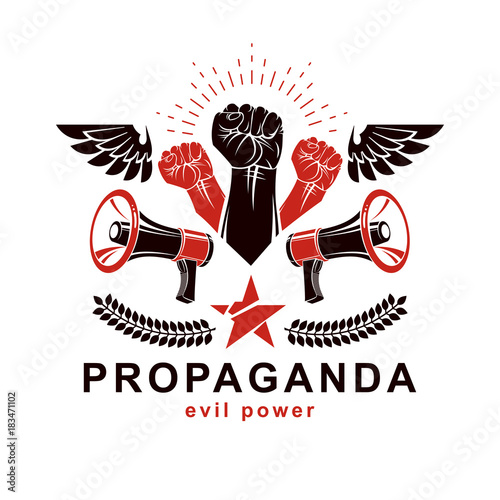 Vector leaflet created using clenched fists raised up, freedom wings and loudspeaker equipment. Propaganda as a powerful weapon of influence on social behavior.