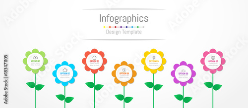 Infographic design elements for your business data with 7 options, parts, steps, timelines or processes, flowers concept. Vector Illustration.