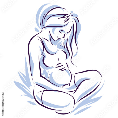 Pregnant female beautiful body outline, mother-to-be vector drawn illustration. Happiness and caring theme. Mothers day.