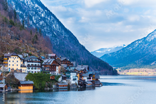 view of Hallstat town at lake and mountain, on a fine spring day