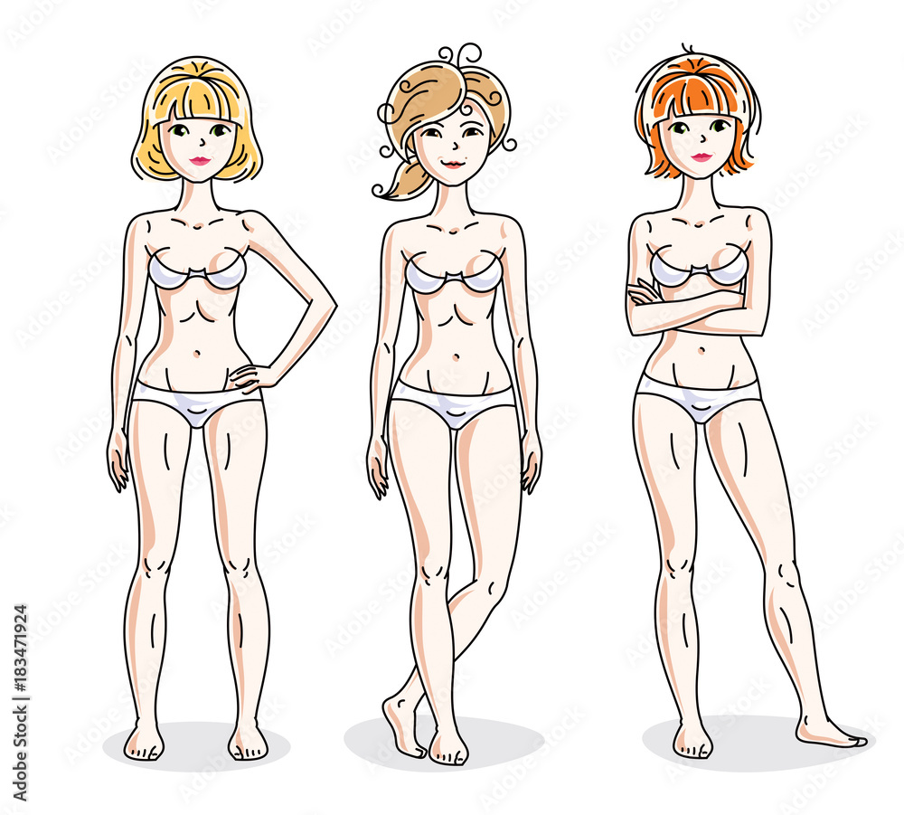 Happy cute young women standing in white underwear. Vector characters set. Slim female with perfect body. Happy cute young women standing in white underwear. Vector characters set. Slim female with perfect body.