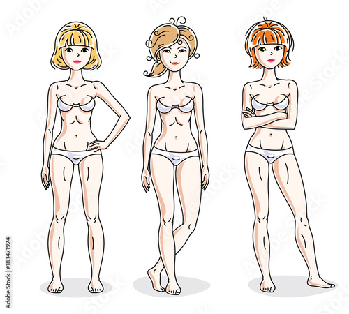 Happy cute young women standing in white underwear. Vector characters set. Slim female with perfect body.