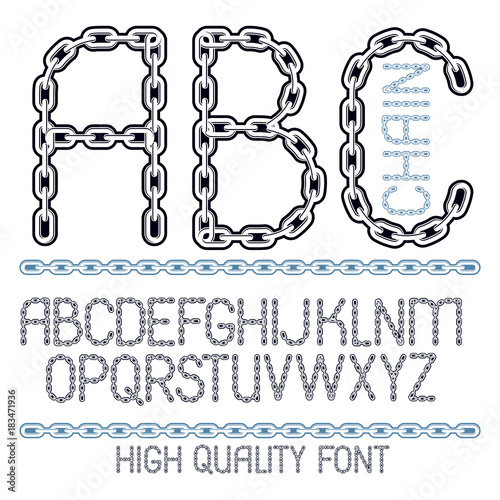 Vector script, modern alphabet letters, abc set. Upper case decorative font created using metal connected chain link.