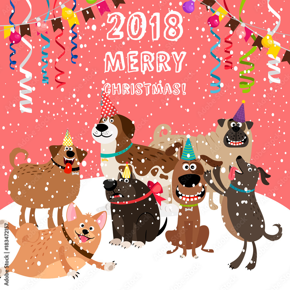 Fototapeta premium 2018 christmas card with dogs party