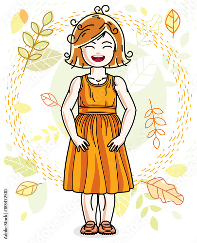Sweet little redhead girl standing on background of autumn landscape and wearing stylish casual clothes. Vector kid illustration.