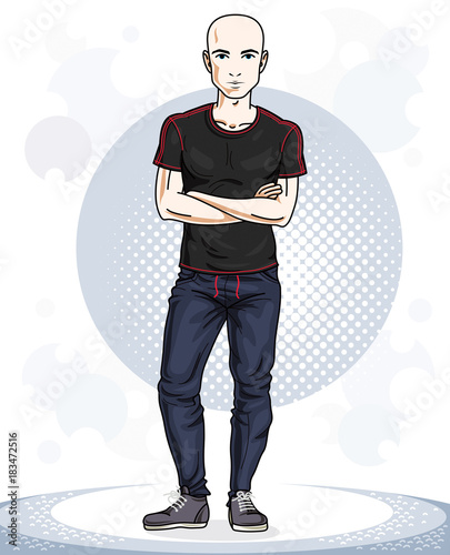 Happy hairless young adult man standing. Vector character wearing sport clothes, healthy lifestyle and fitness theme.