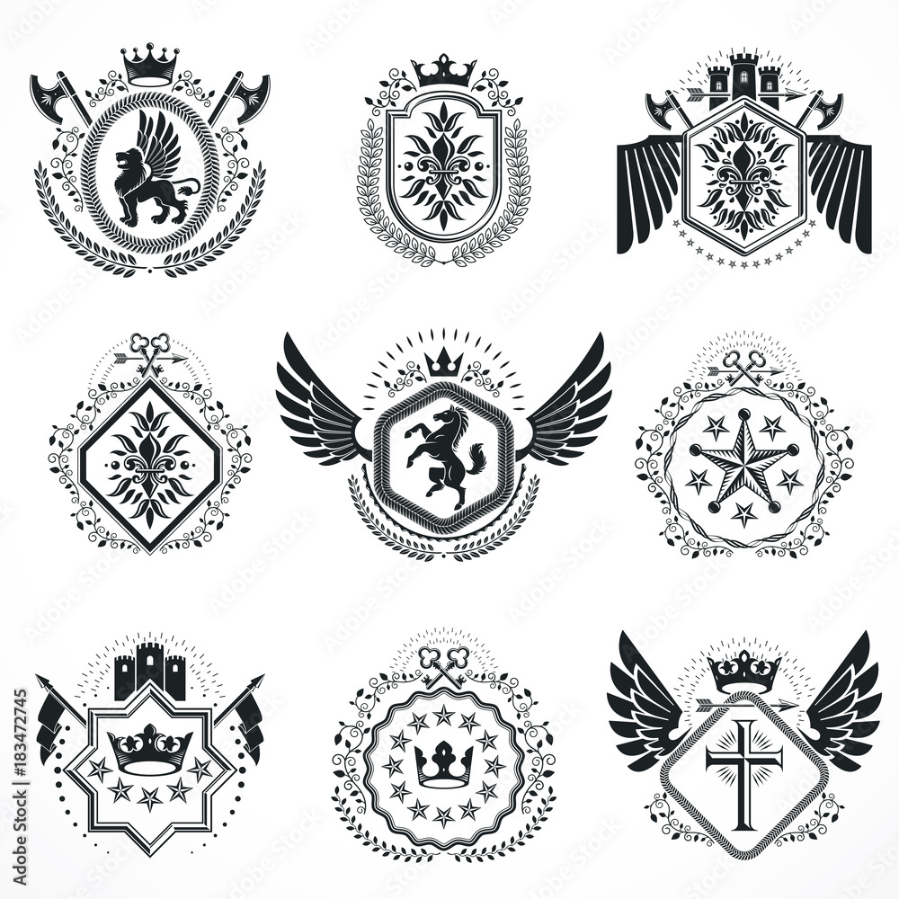 Vintage emblems, vector heraldic designs. Coat of Arms collection, vector set.