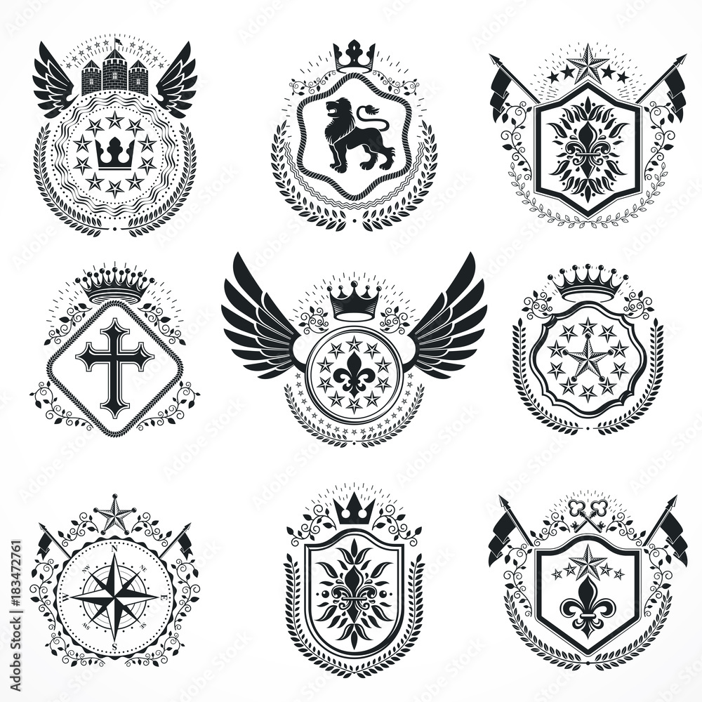 Vintage emblems, vector heraldic designs. Coat of Arms collection, vector set.