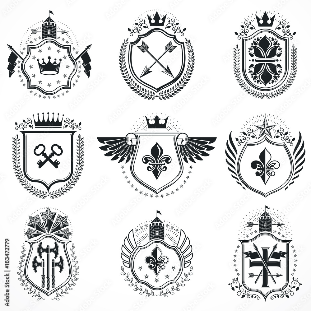 Fototapeta premium Vector emblems, vintage heraldic designs. Coat of Arms collection, vector set.