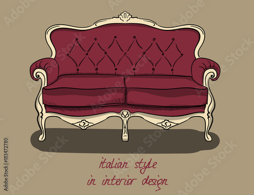 Sofa with backrest and armrests in purple and beige colors. Italian style in interior design eps 10 illustration