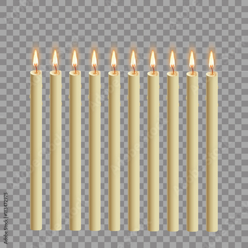 3d set realistic paraffin candles isolated on transparent background. Vector illustration