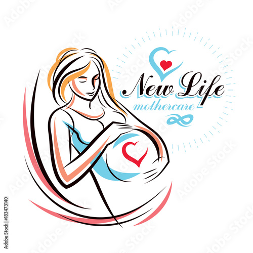 Vector hand-drawn illustration of pregnant elegant woman expecting baby, sketch. Obstetrics and gynecology clinic advertising banner