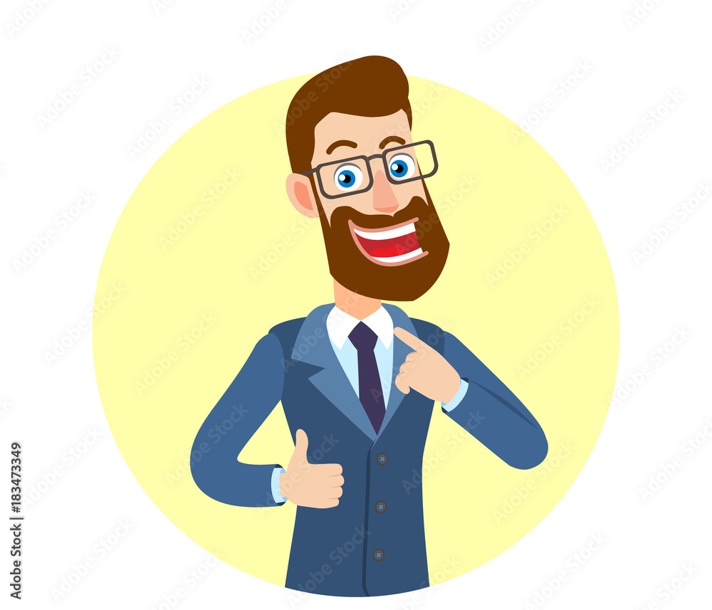 Hipster Businessman showing thumb up and pointing the finger at himself
