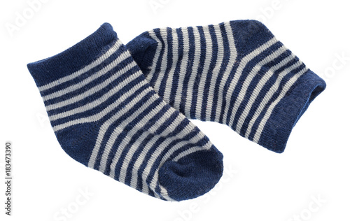Top view of a pair of blue and white baby socks isolated on a white background.