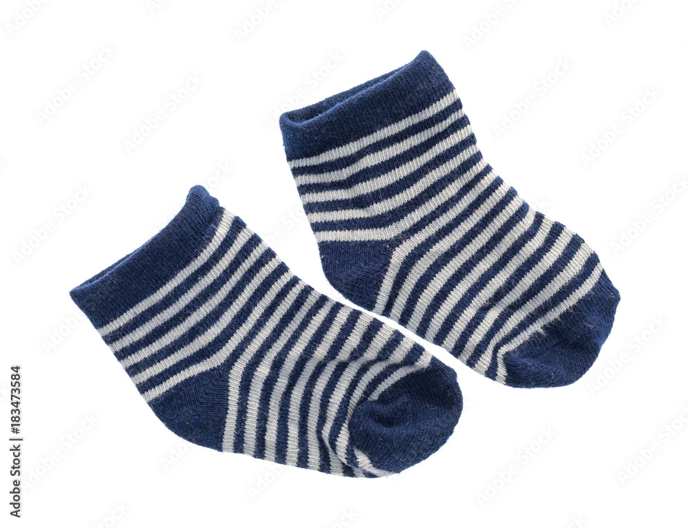 Top view of a pair of blue and white baby socks isolated on a white background. Top view of a pair of blue and white baby socks isolated on a white background.