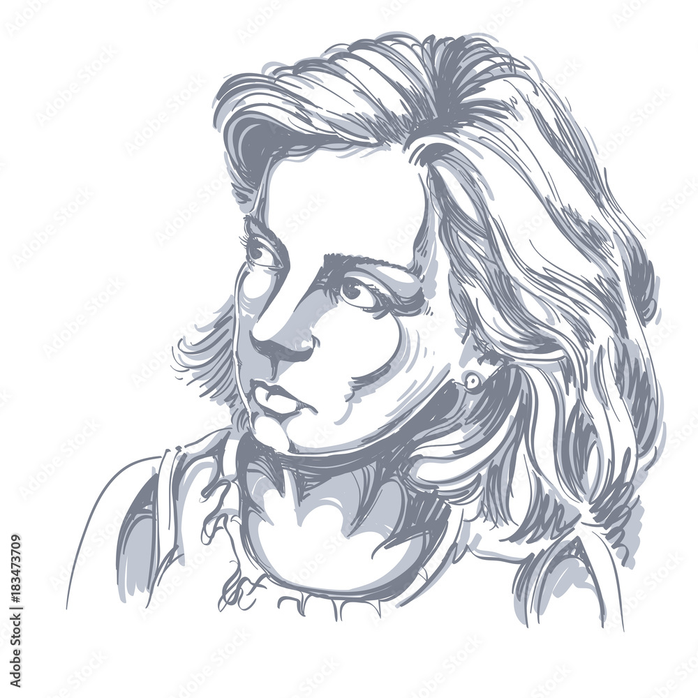 Portrait of delicate good-looking peaceful woman, black and white vector drawing. Emotional expressions idea image. Portrait of delicate good-looking peaceful woman, black and white vector drawing. Emotional expressions idea image.