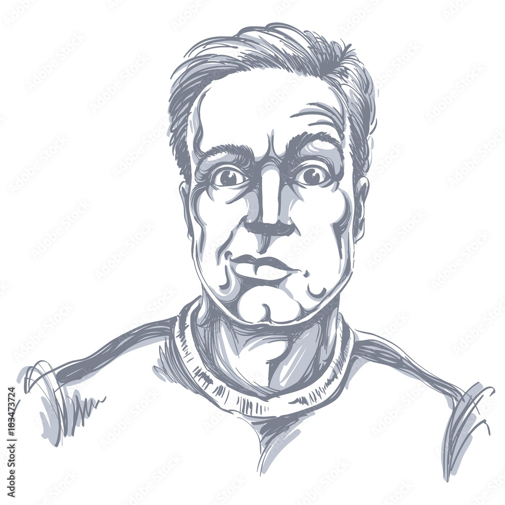 Hand-drawn vector illustration of skeptic guy with short hair. Monochrome image, expressions on face of young man, shocked person.