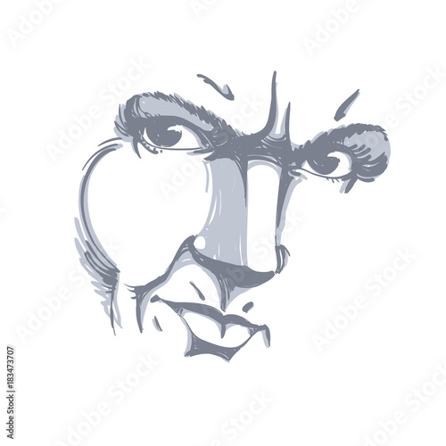 Hand-drawn illustration of woman face, black and white mask with emotions. Features of angry girl with wrinkles on her forehead, posing for portrait.