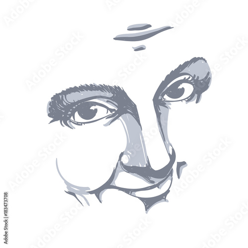 Black and white illustration of lady face, delicate visage features. Eyes and lips of a woman feeling sorry about something, portrait of naive blameworthy girl isolated on white.