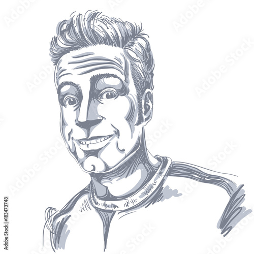 Hand-drawn vector illustration of smiling confident man. Monochrome image, expressions on face of cheerful guy.