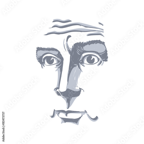Artistic hand-drawn vector image, black and white portrait of blameworthy and regretful guy. Emotions theme illustration, visage features.