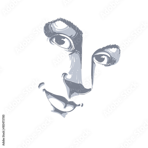Hand-drawn art portrait of white-skin romantic woman, face emotions theme illustration. Beautiful lady posing on white background, delicate visage features.