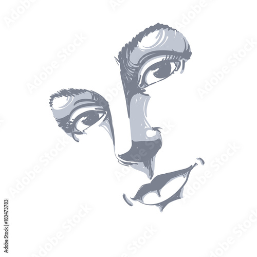 Hand-drawn art portrait of white-skin romantic woman, face emotions theme illustration. Beautiful lady posing on white background, delicate visage features.