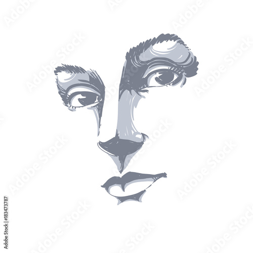 Hand-drawn art portrait of white-skin romantic woman, face emotions theme illustration. Beautiful lady posing on white background, delicate visage features.