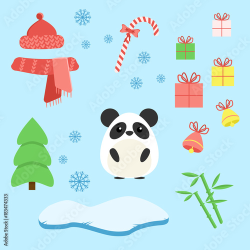 Fototapeta Naklejka Na Ścianę i Meble -  Vector set of panda with xmas staff: lollipop, gifts, tree, iceberg, hat and scarf, bamboo and bells. Cartoon illustration