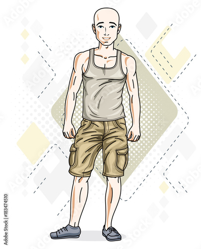 Handsome hairless young man poses on modern background. Vector illustration of male. Lifestyle theme clipart.