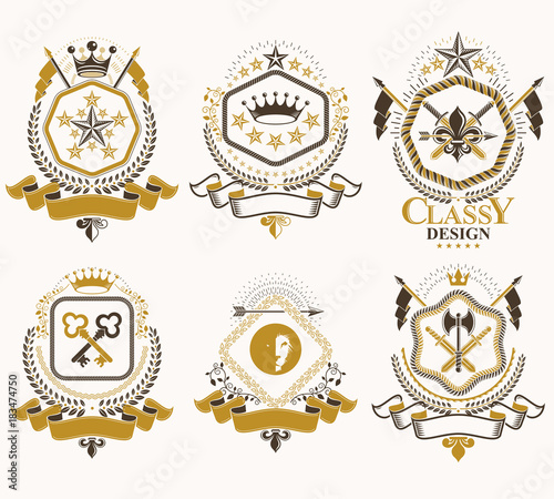 Set of vector retro vintage insignias created with design elements like medieval castles, armory, wild animals, imperial crowns. Collection of coat of arms.