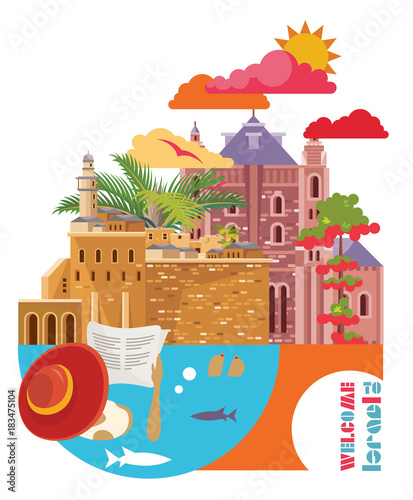 Israel vector banner with jewish landmarks. Travel poster in flat design