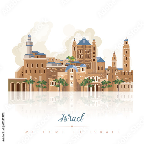 Israel vector banner with jewish landmarks. Travel poster in flat design