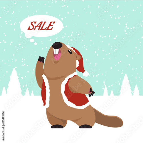 Postcard Vector groundhog screams out slogan. Funny groundhog predicts that will soon sale