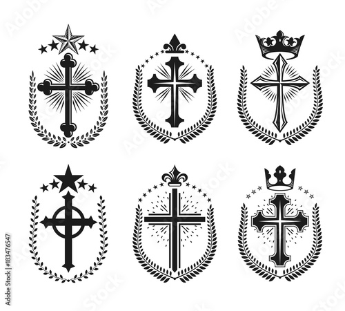 Christian Crosses emblems set. Heraldic vector design elements collection. Retro style label, heraldry logo.