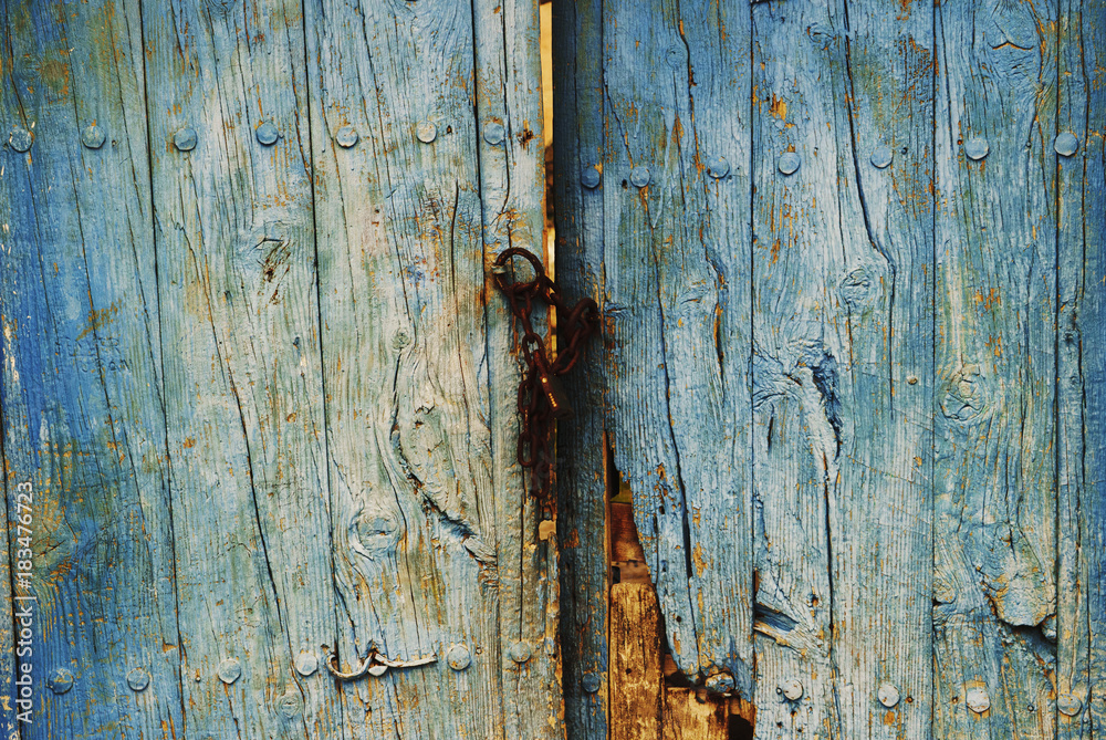 wooden door entrance with metal features.metal rounded hinge on old timber door. blue painted wooden door with locks. rusty nails on wood