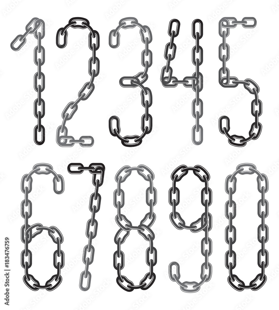 Vector numbers, modern numerals set. Made with steel chain link, joined link. Vector numbers, modern numerals set. Made with steel chain link, joined link.