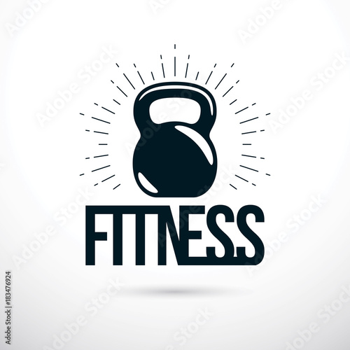Logotype for heavyweight gym or fitness sport gymnasium, vector illustration of kettle bell. Fitness lettering.
