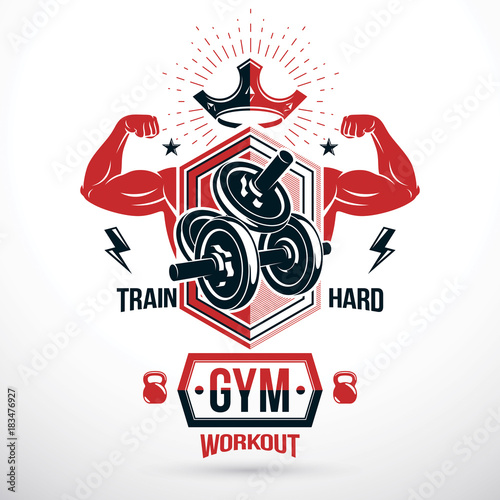 Graphic vector insignia created with strong sportsman biceps arm  disc weight dumb bell and kettle bell sport equipment. Sport emblem for weightlifting gym and fitness club
