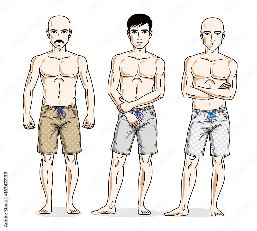 Handsome men standing wearing beach shorts. Vector people illustrations set. Handsome men standing wearing beach shorts. Vector people illustrations set.