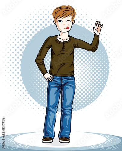 Little boy standing in stylish casual clothes. Vector kid illustration. Fashion and lifestyle theme cartoon.