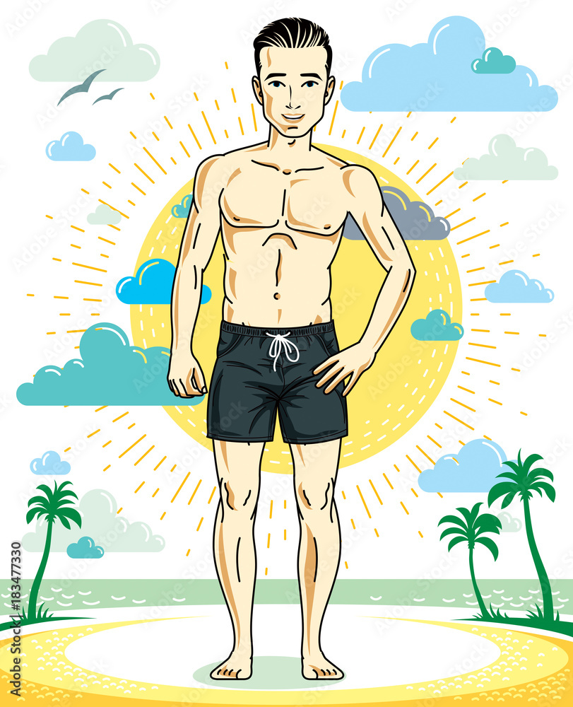 Handsome brunet young man standing on tropical beach in shorts. Vector athletic male illustration. Summer vacation lifestyle theme cartoon.