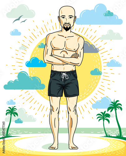Handsome hairless young man with beard and mustaches standing on tropical beach in bright shorts. Vector athletic male illustration. Summer vacation lifestyle theme cartoon.