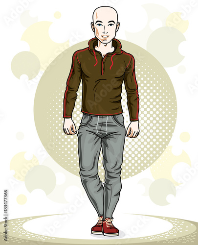 Handsome hairless young man posing. Vector illustration of sportsman. Work out and training theme.