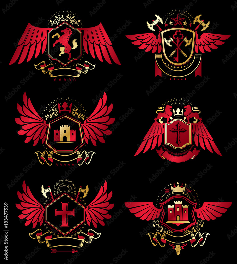 Collection of vector heraldic decorative coat of arms isolated on white and created using vintage design elements, monarch crowns, pentagonal stars, armory, wild animals. Collection of vector heraldic decorative coat of arms isolated on white and created using vintage design elements, monarch crowns, pentagonal stars, armory, wild animals.