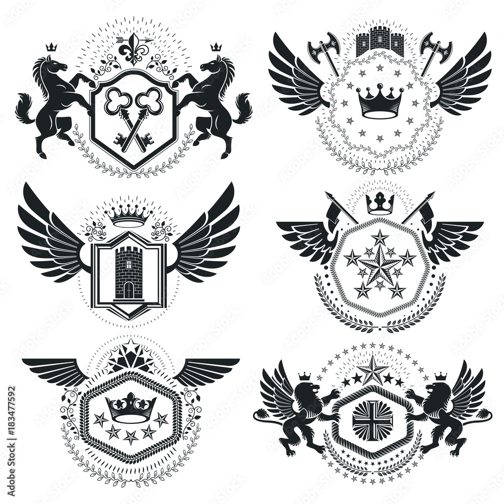 Fototapeta premium Heraldic Coat of Arms, vintage vector emblems. Classy high quality symbolic illustrations collection, vector set.